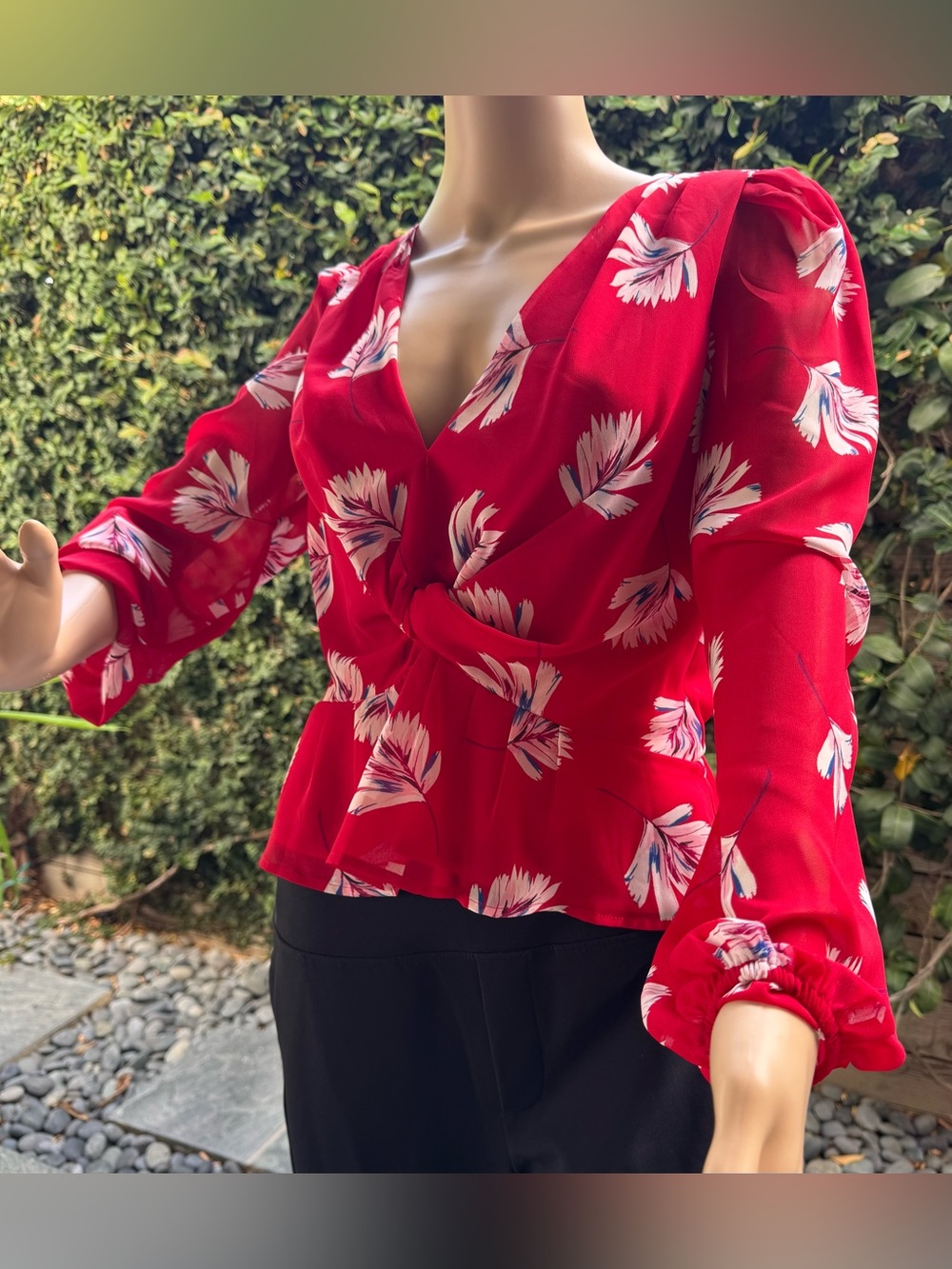 Express Red Floral V-Neck Peplum Blouse
